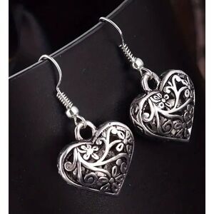 Silvertone Filigree Puffed Heart Earrings with Stainless‎ Steel hooks NWT
